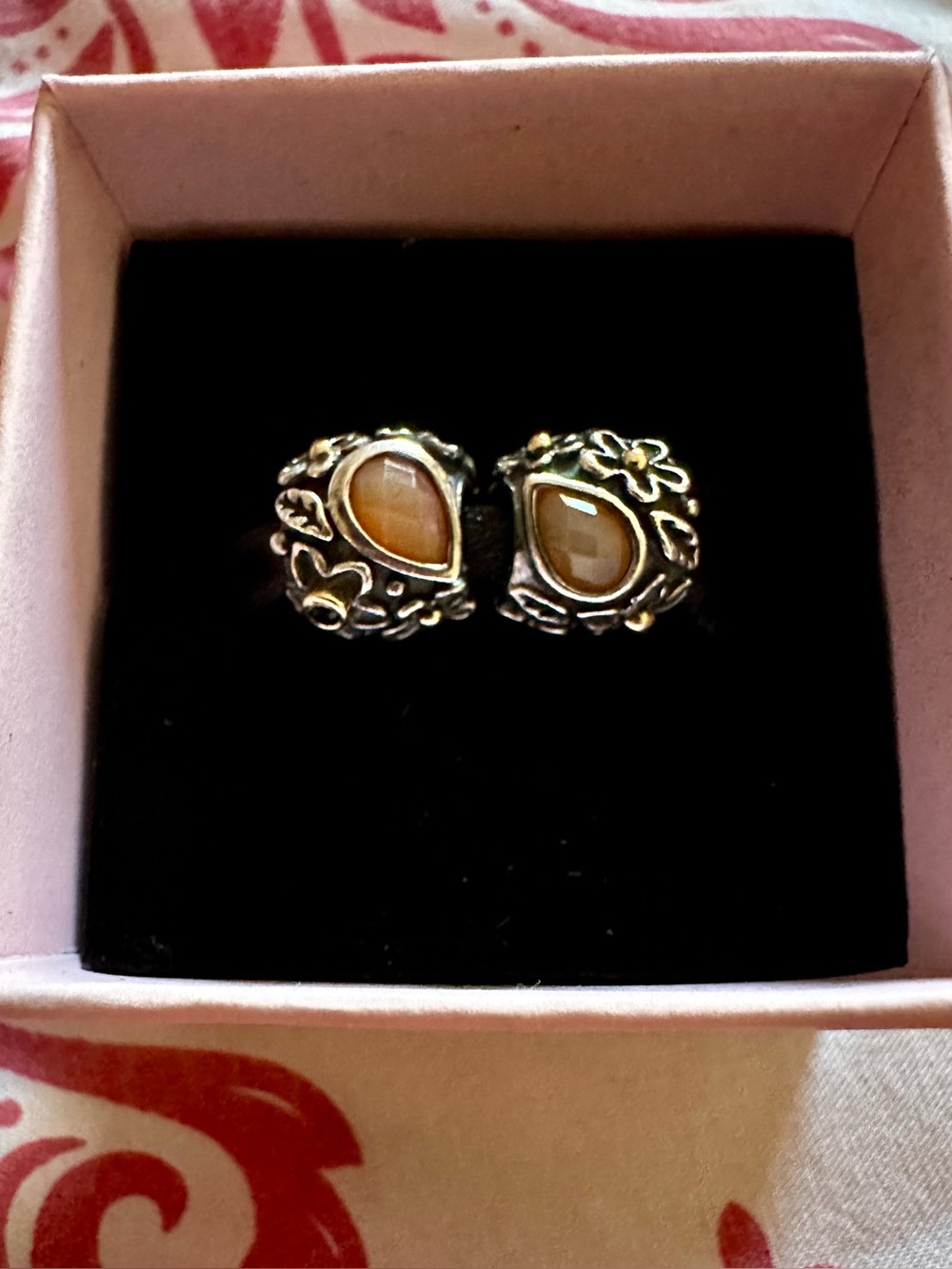 RARE‼️Authentic PANDORA Dew Drops Silver 14k Gold Orange Moonstone Onyx Charm‼️